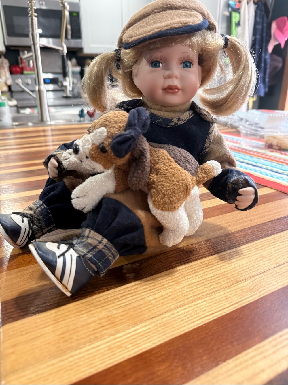 Porcelain Collectible Doll with Plush Puppy - Cream, Brown, Navy